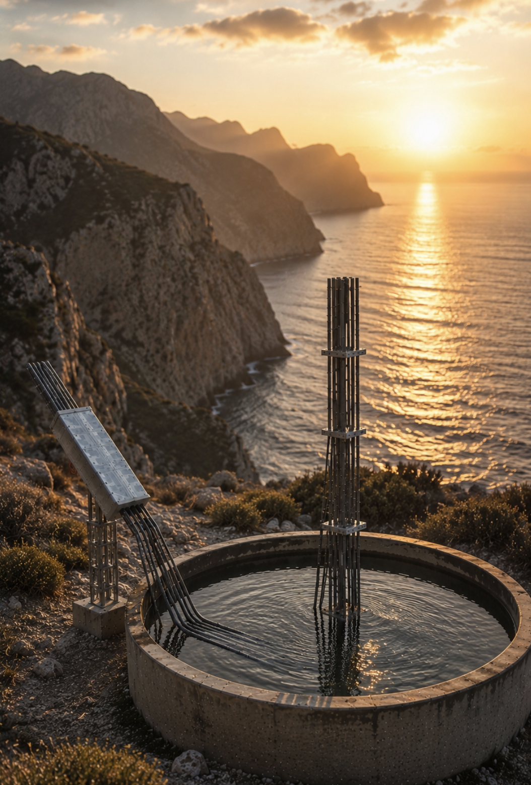 Die geplante Sphärenharmonieanlage bei Sonnenuntergang auf Mallorca